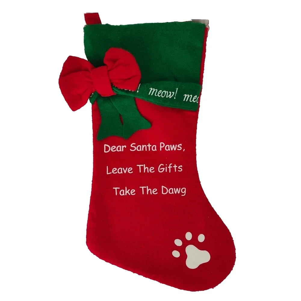 Santa Paws Meow Cat Felt Christmas Stocking Leave The Gifts Take The Dawg 15.75
